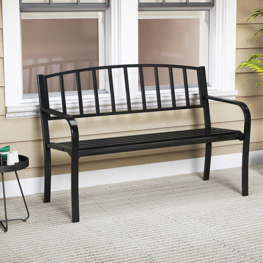 50 Inches Outdoor Garden Bench with Slatted Backrest and Curved Armrests-Black