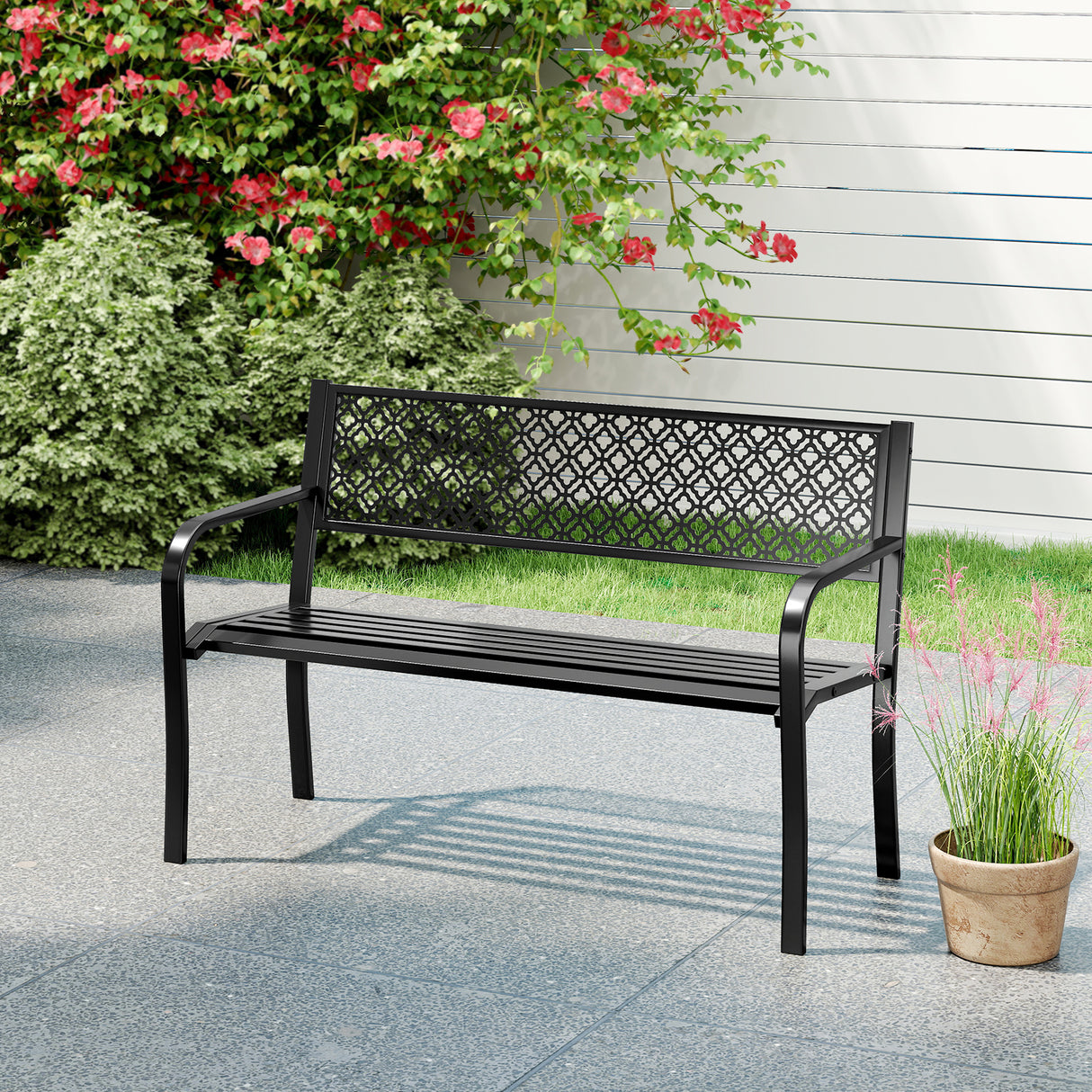 50 Inches Outdoor Garden Bench with Geometric Lattice Backrest and Slatted Seat-Black