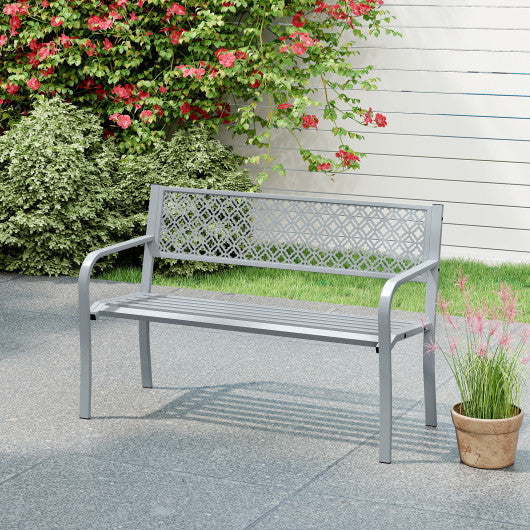 50 Inches Outdoor Garden Bench with Geometric Lattice Backrest and Slatted Seat-Gray