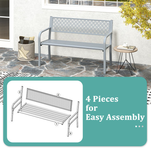 50 Inches Outdoor Garden Bench with Geometric Lattice Backrest and Slatted Seat-Gray