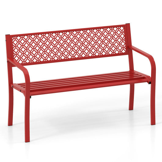 50 Inches Outdoor Garden Bench with Geometric Lattice Backrest and Slatted Seat-Red
