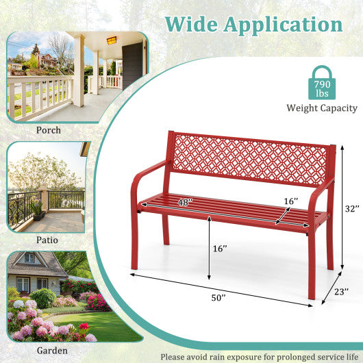 50 Inches Outdoor Garden Bench with Geometric Lattice Backrest and Slatted Seat-Red