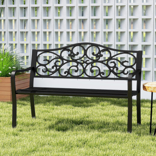 50 Inches Outdoor Cast Iron Metal Patio Bench with Floral Design Backrest and Slatted Seat-Black