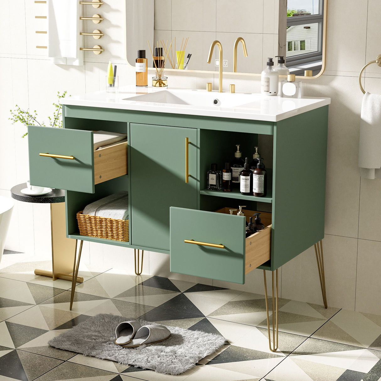 Bathroom Vanity With Resin Sink Combo Set, Modern Freestanding Single Bathroom Cabinet With 2 Drawers & 2 Storage Compartments, Storage Cabinet For Bathroom, Frame Vanity Set - Green by Couch.com