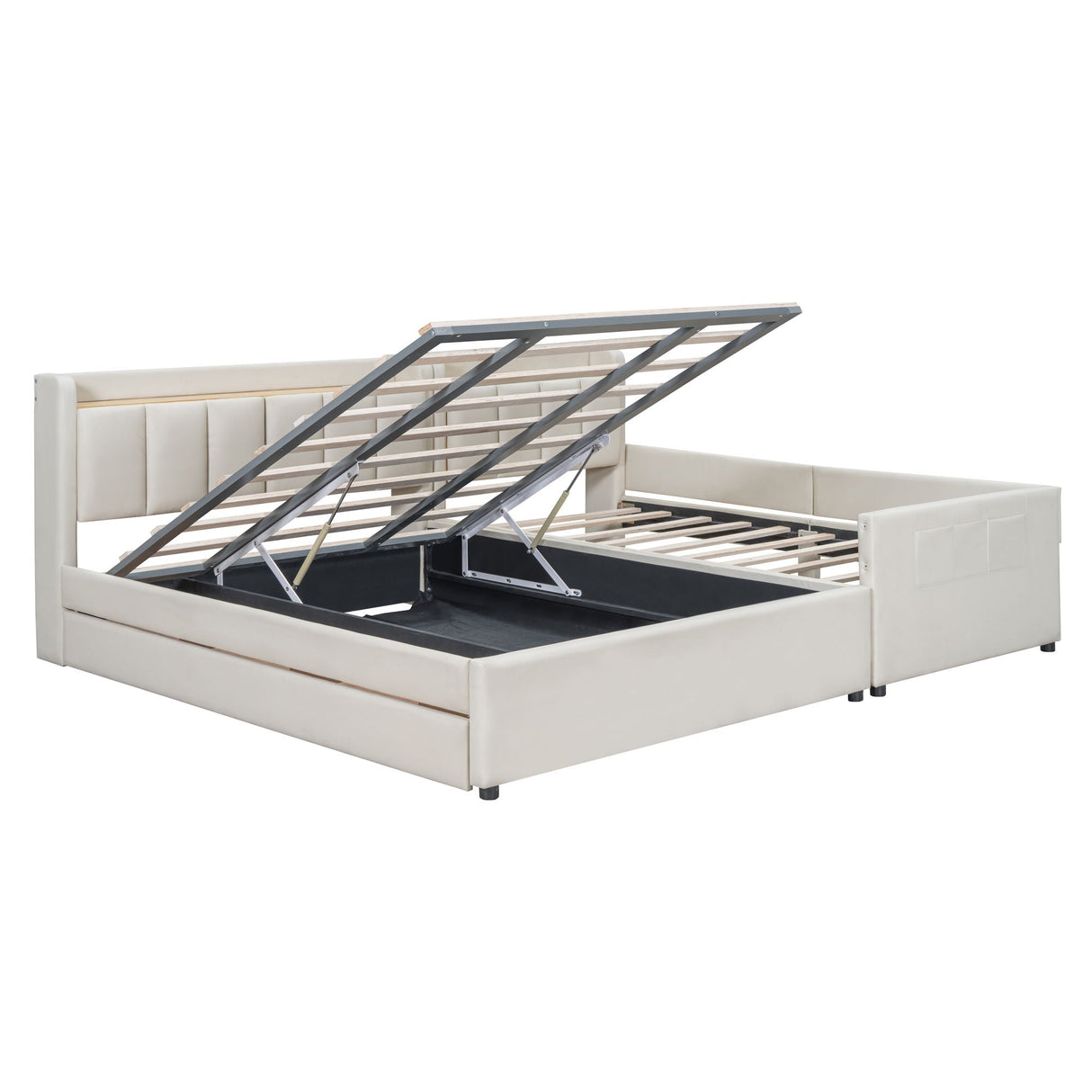 Upholstered Mother & Child Bed With Hydraulic Storage System, Drawer Box, Bedhead Storage Shelf And 2 Pairs Of Sockets & USB Ports by Couch.com