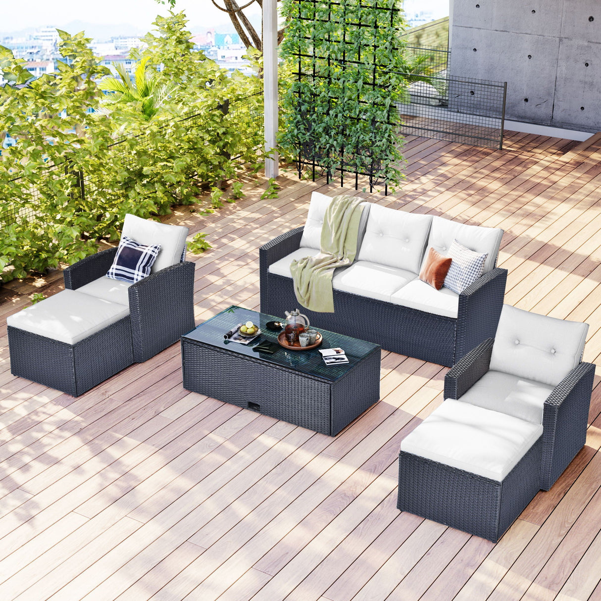 All-Weather Wicker PE Rattan Patio Outdoor Dining Conversation Sectional Set With Coffee Table, Wicker Sofas, Ottomans, Removable Cushions by Couch.com