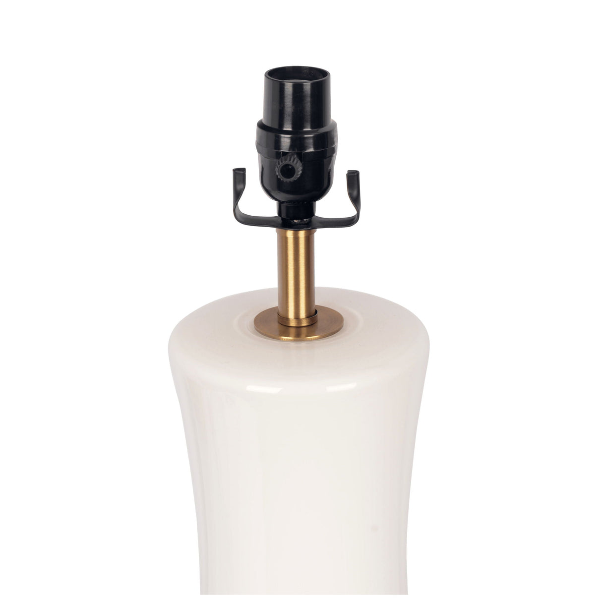 The Cascade Lamp Base Table Lamp features a glossy white ceramic body, a brass-colored neck, and a black socket designed for light bulbs. Its smooth surface enhances its modern appeal against a plain white background.