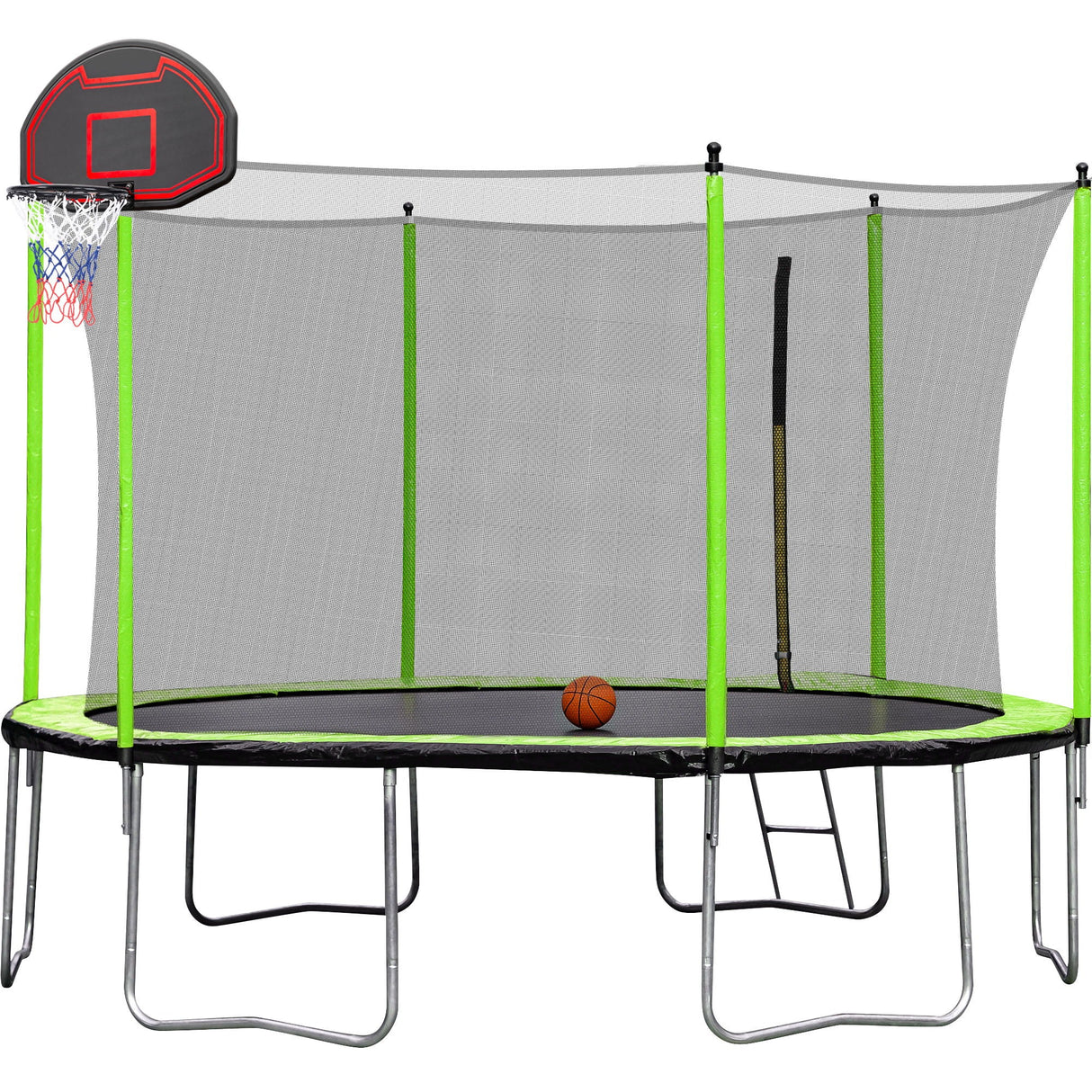 14Ft Trampoline With Basketball Hoop Inflator And Ladder (Inner Safety Enclosure) - Green by Couch.com