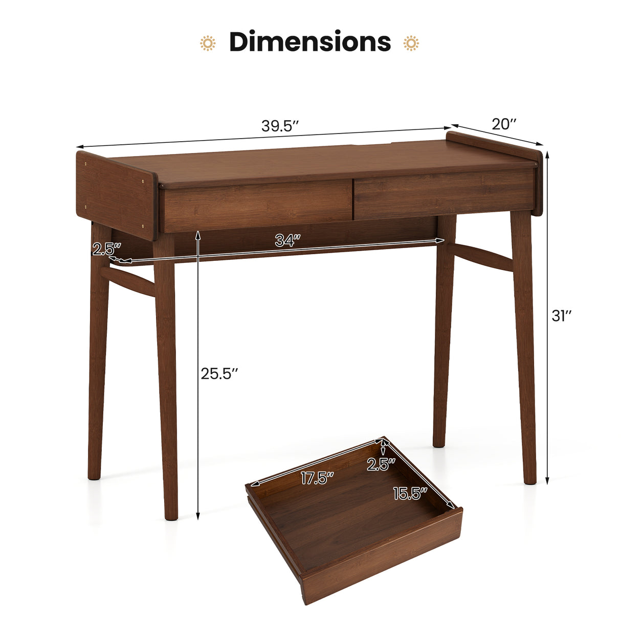 Bamboo Writing Desk with 2 Storage Drawers and Open Shelf-Walnut