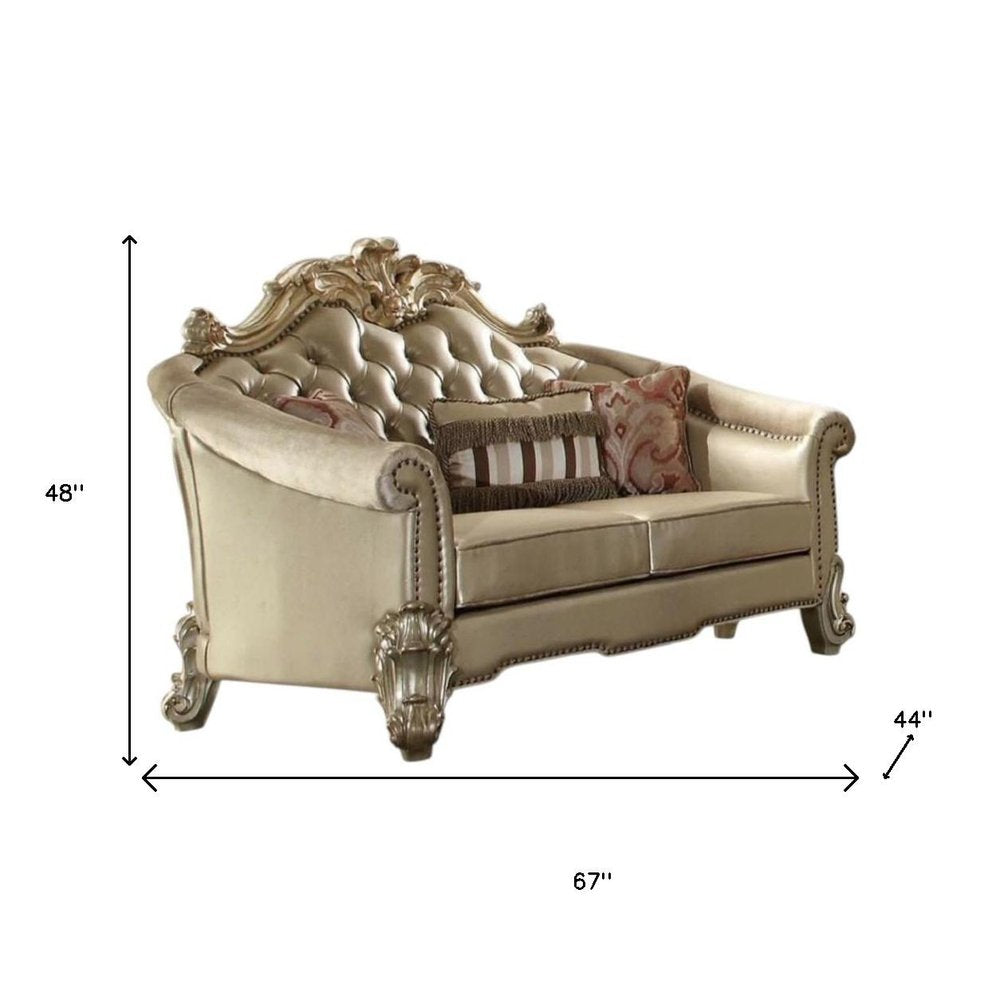 67" Bone And Gold Faux Leather Loveseat and Toss Pillows