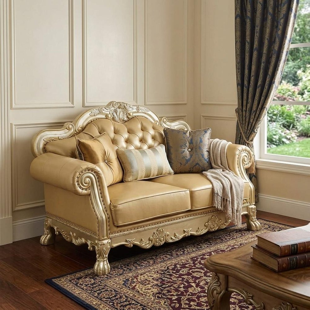 64" Bone And Gold Faux Leather Loveseat and Toss Pillows