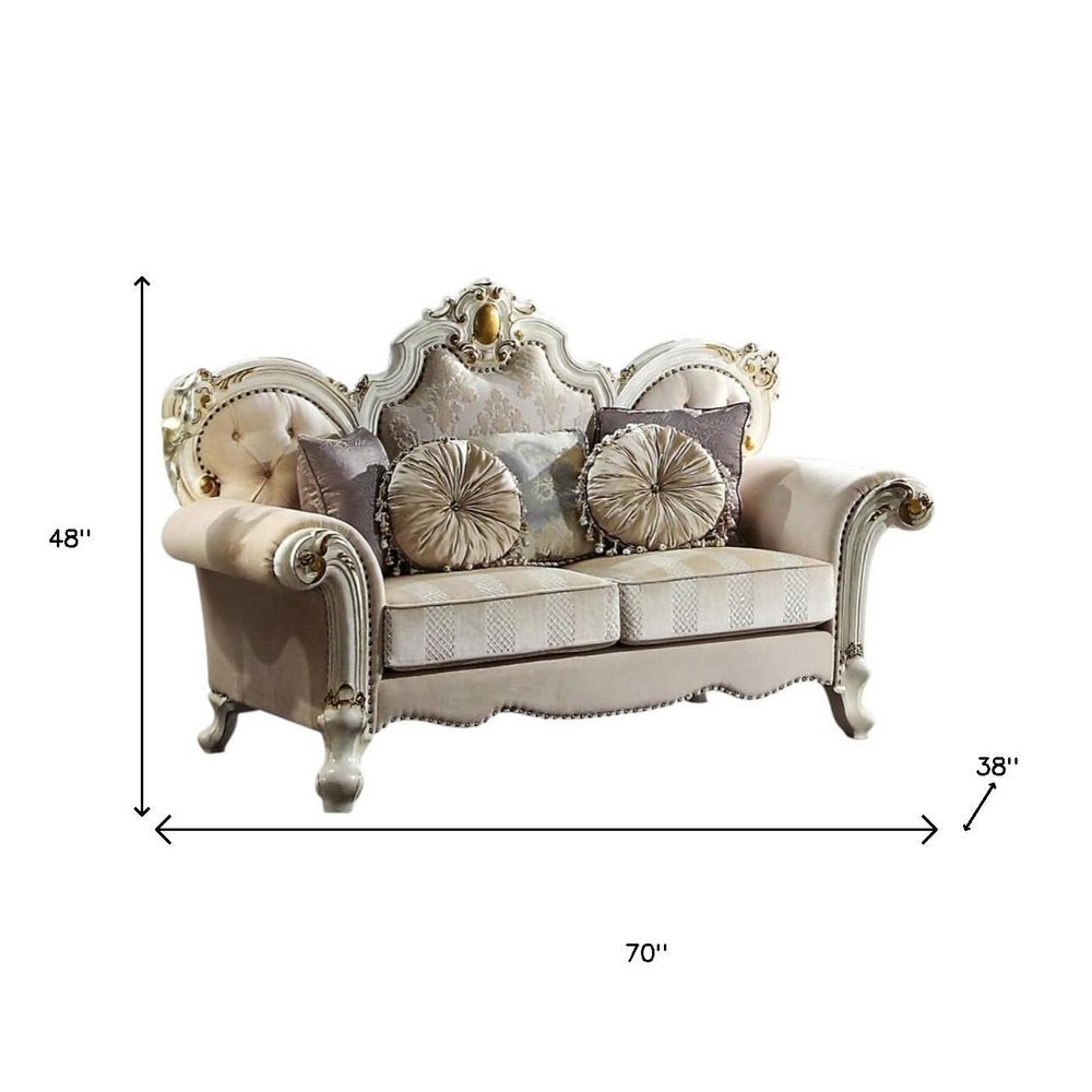 70" Gold And Pearl Velvet Loveseat and Toss Pillows