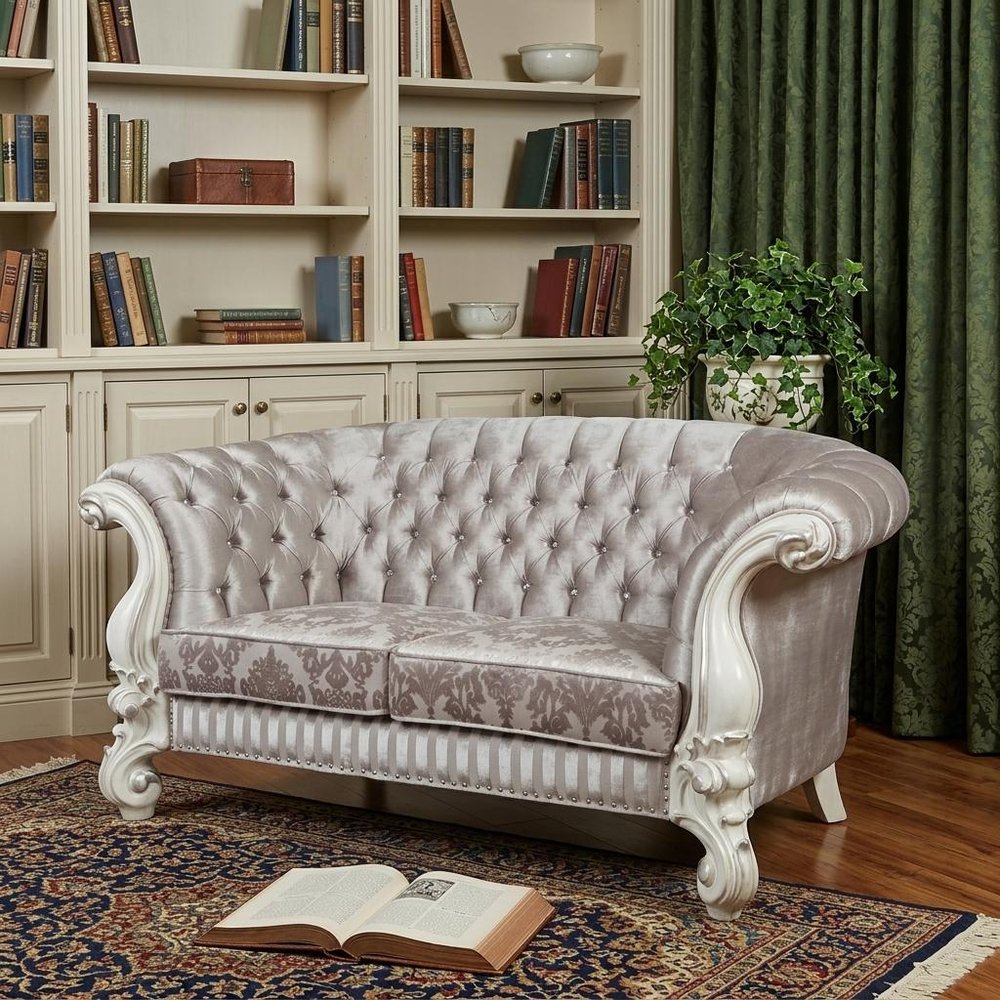 76" Ivory And Off White Velvet Loveseat and Toss Pillows