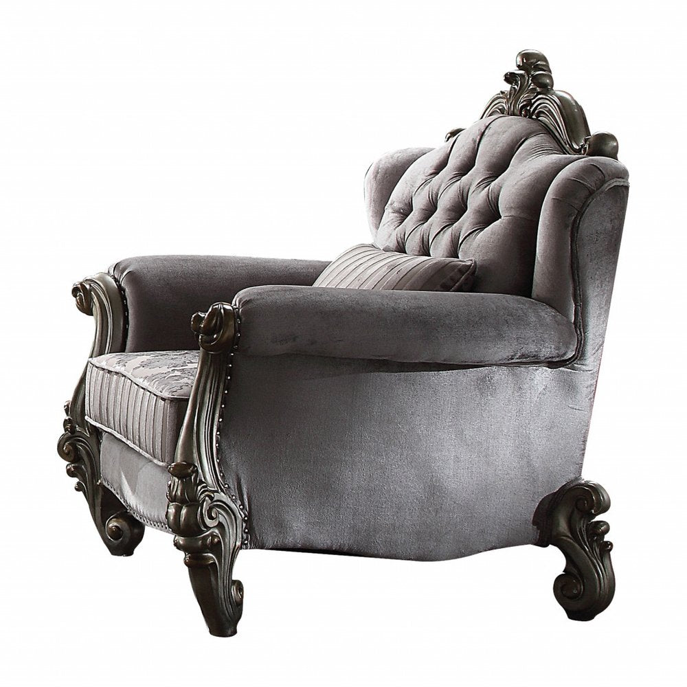 44" Gray and Platinum Velvet Floral Tufted Club Chair And Toss Pillow