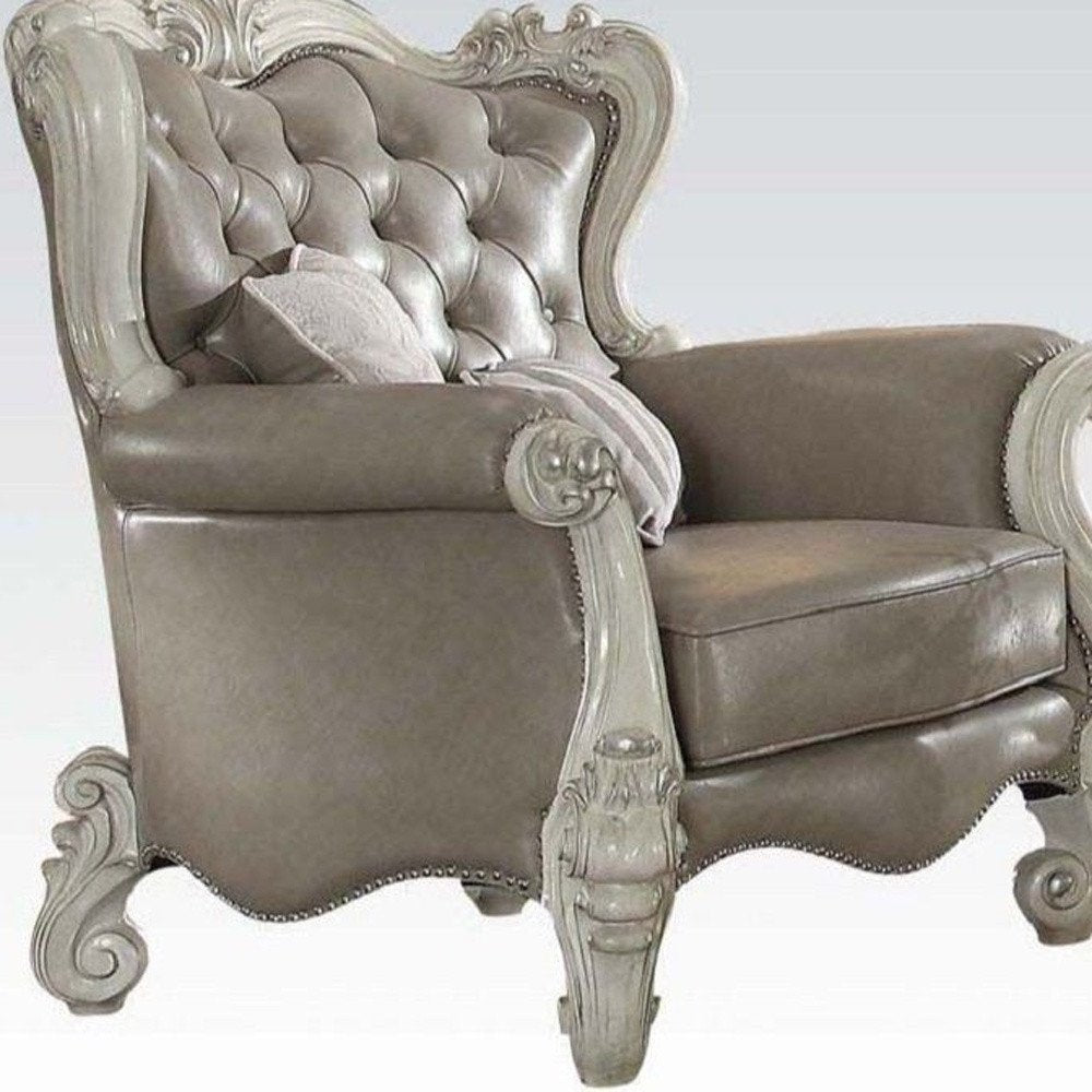 43" Gray and Bone Faux Leather Tufted Chesterfield Chair And Toss Pillows