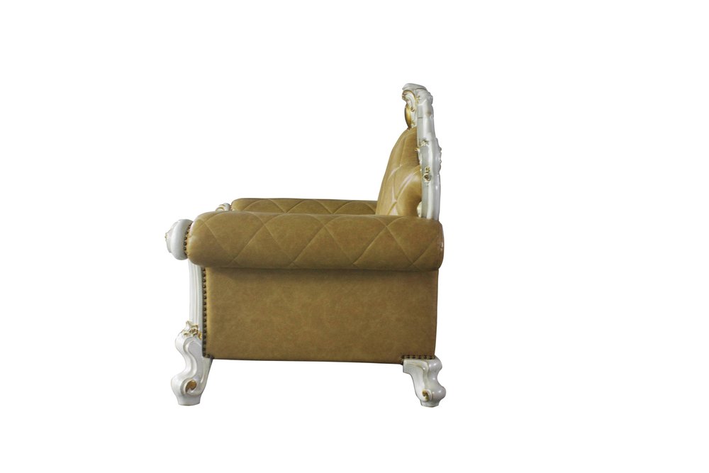 50" Beige and Pearl Faux Leather Tufted Arm Chair And Toss Pillow