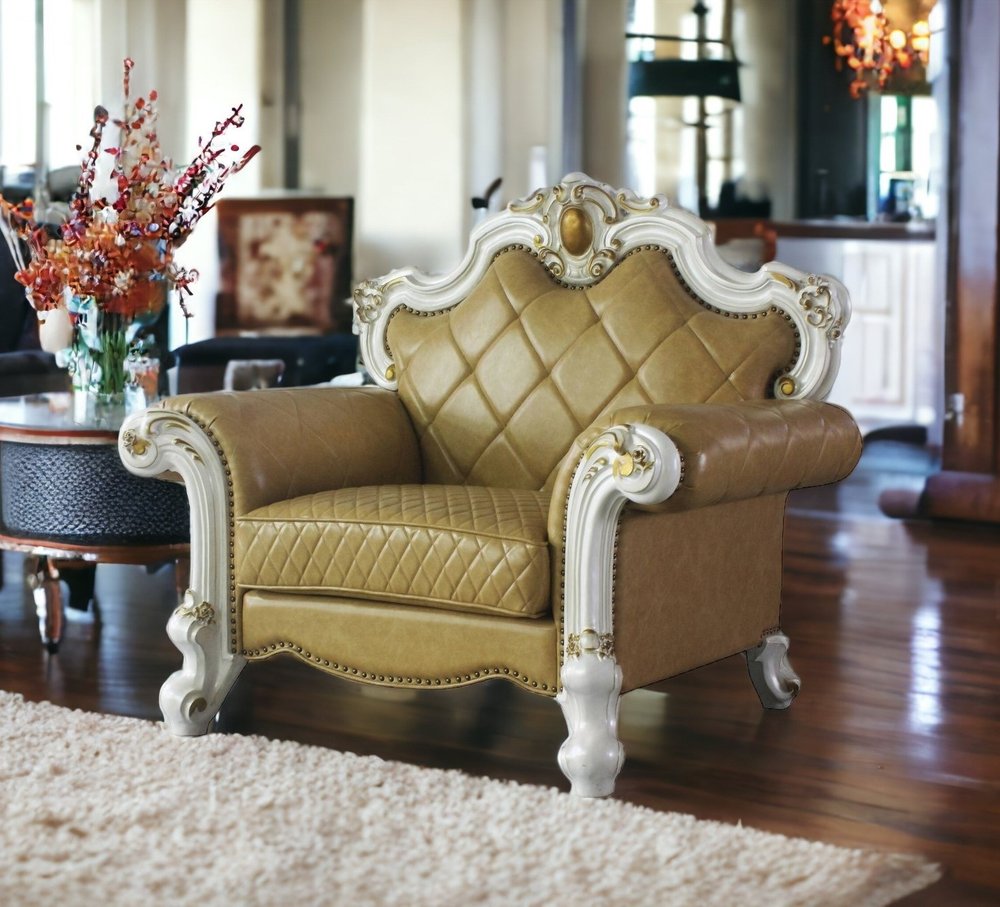 50" Beige and Pearl Faux Leather Tufted Arm Chair And Toss Pillow