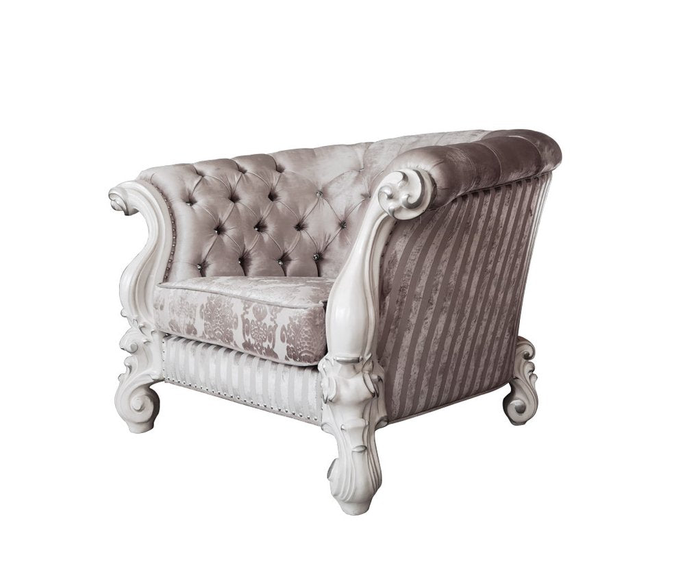 52" Ivory and Bone Fabric Damask Tufted Chesterfield Chair And Toss Pillows
