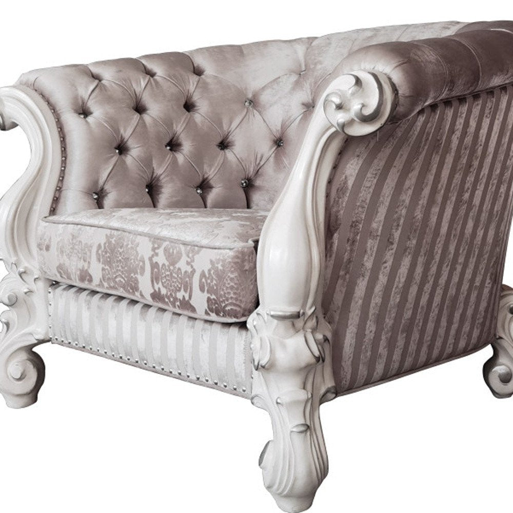 52" Ivory and Bone Fabric Damask Tufted Chesterfield Chair And Toss Pillows