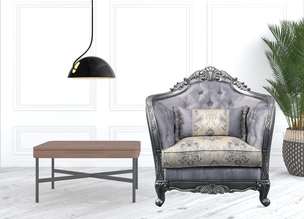 43" Light Gray and Platinum Fabric Floral Tufted Arm Chair And Toss Pillow