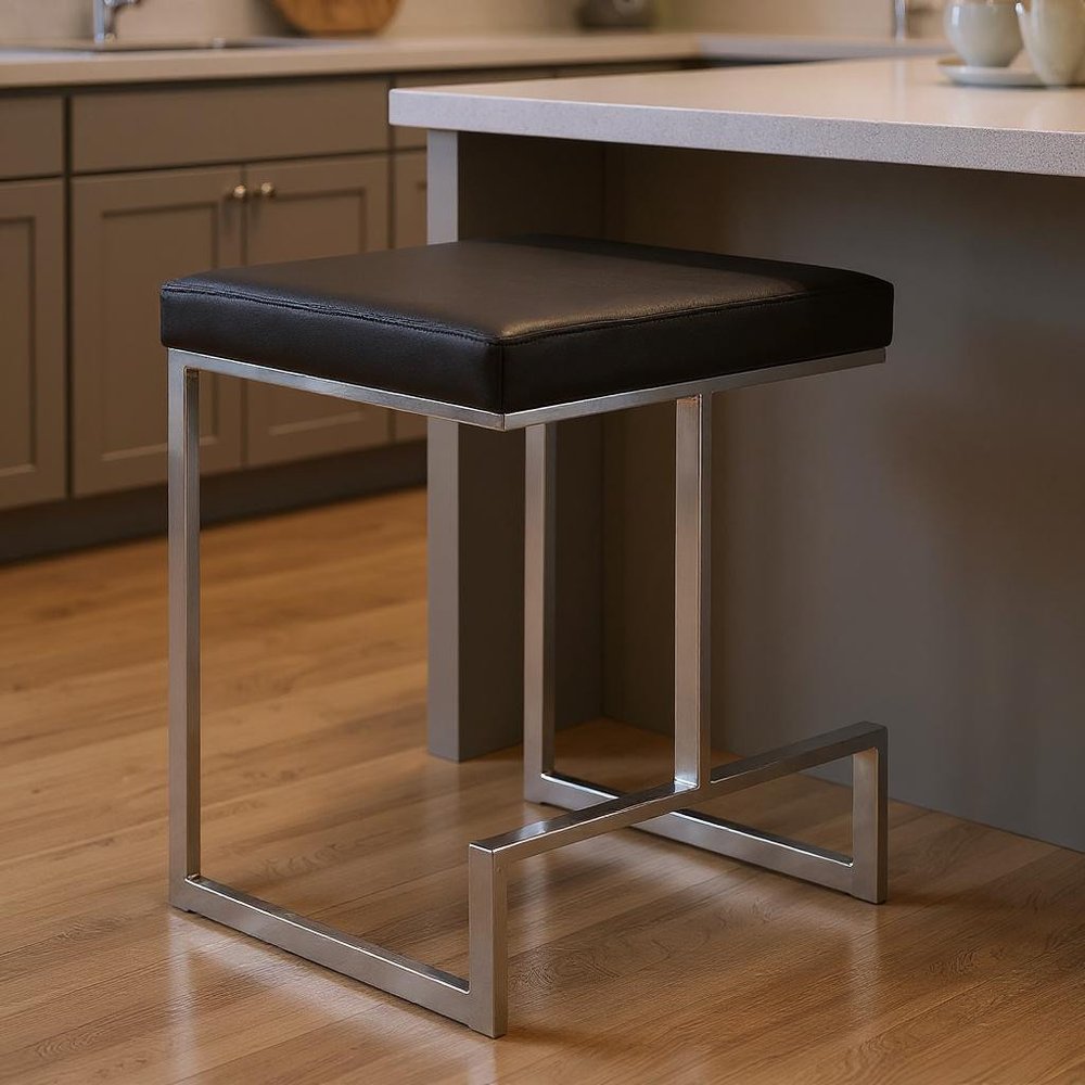 24" Black And Silver Faux Leather And Fabric And Steel Backless Counter Height Bar Chair