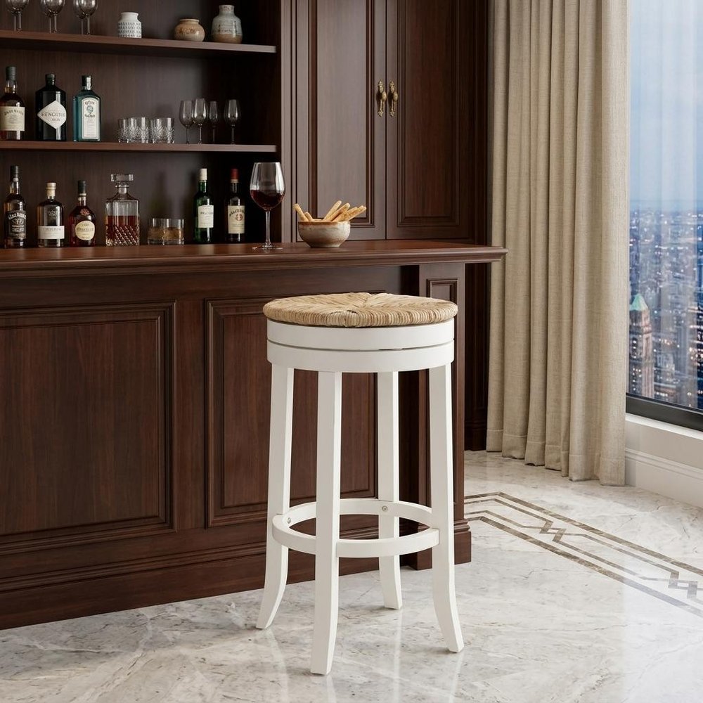 30" Natural And Antiqued White Solid Wood Swivel Backless Bar Height Bar Chair