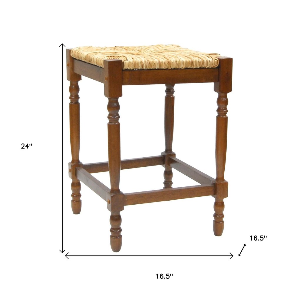 24" Natural And Brown Rush And Solid Wood Backless Counter Height Bar Chair