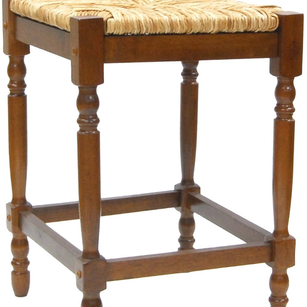 24" Natural And Brown Rush And Solid Wood Backless Counter Height Bar Chair
