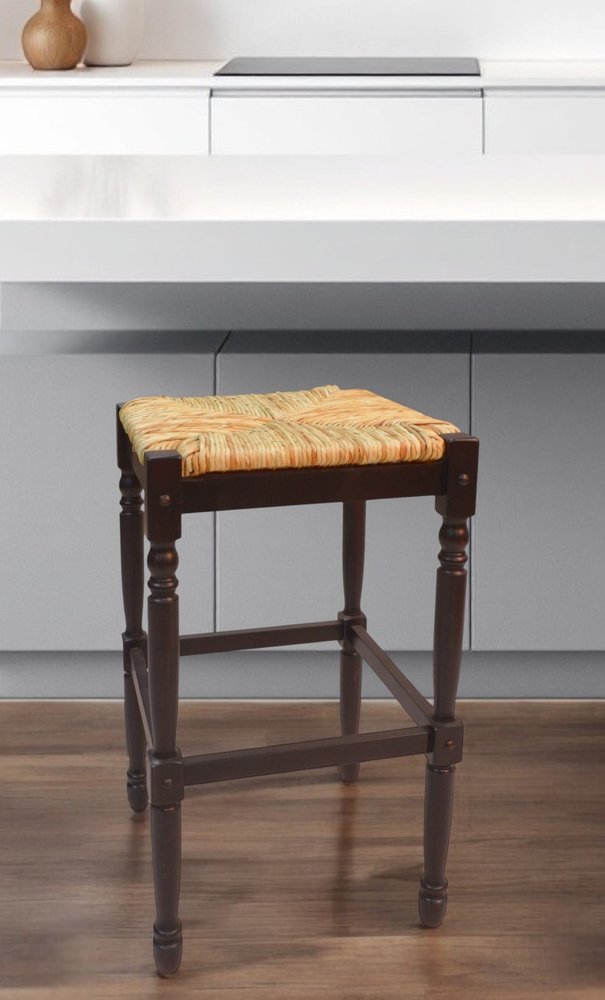 29" Natural and Espresso Wicker and Solid Wood Backless Bar Height Bar Chair