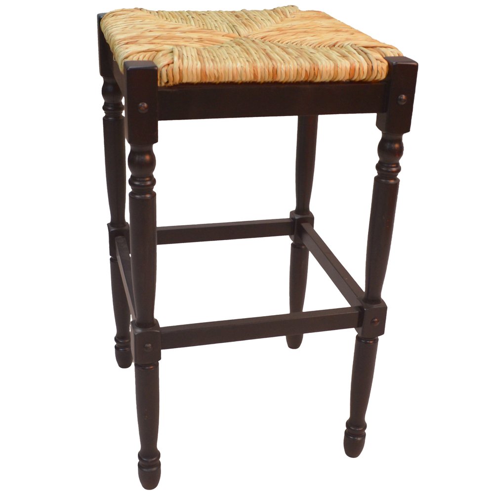 29" Natural And Espresso Wicker And Solid Wood Backless Bar Height Bar Chair