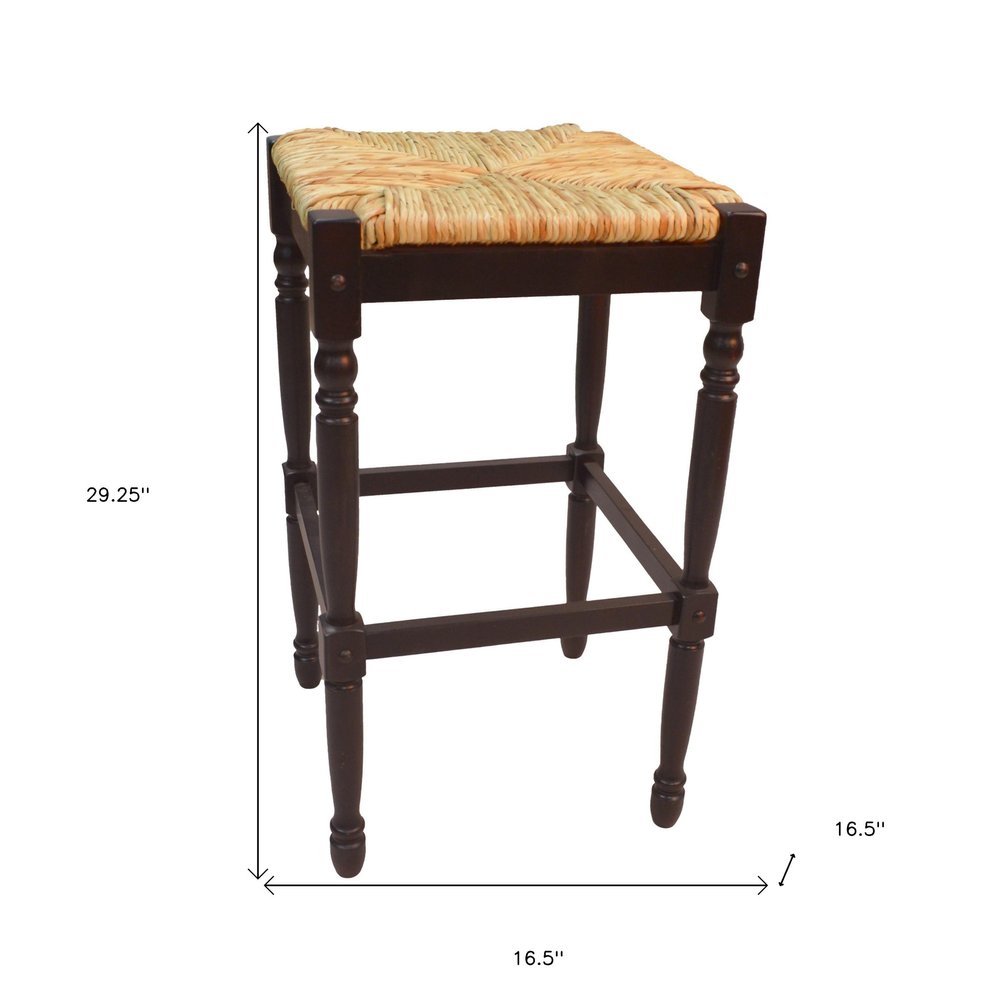 29" Natural And Espresso Wicker And Solid Wood Backless Bar Height Bar Chair