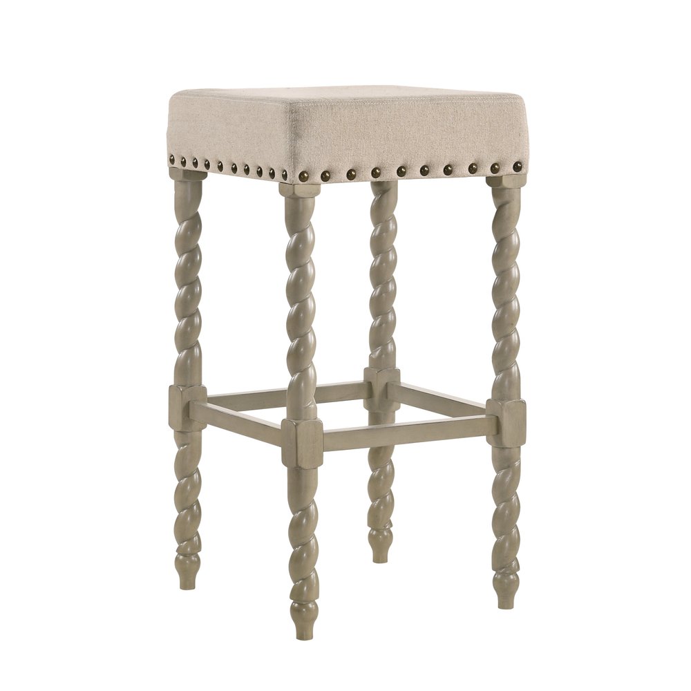 30" Cream And Gray Fabric And Solid Wood Backless Bar Height Bar Chair