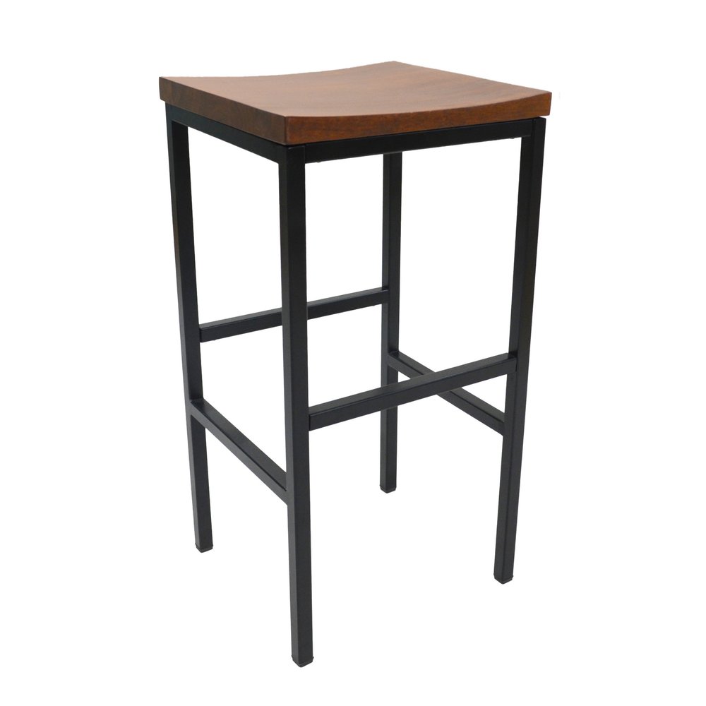 30" Chestnut And Black Steel Swivel Backless Bar Height Bar Chair