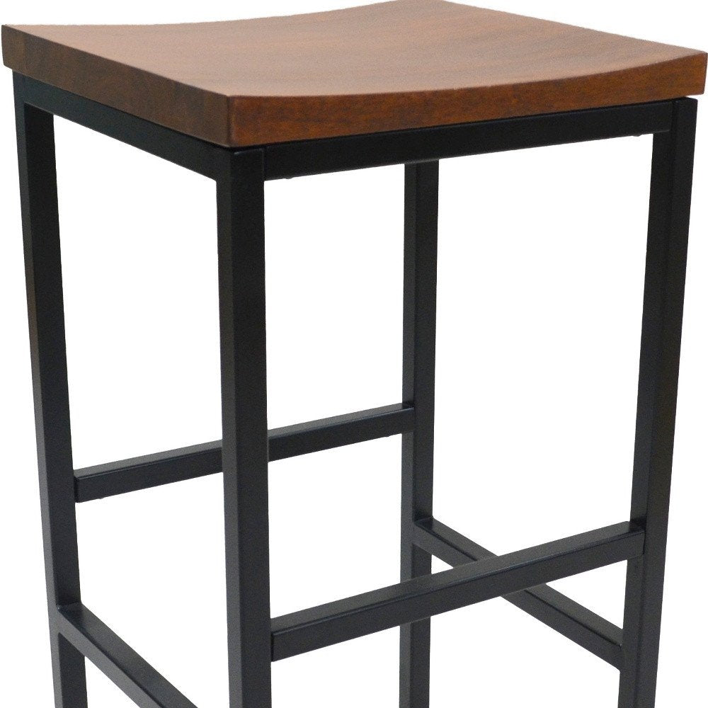 30" Chestnut And Black Solid Wood And Steel Backless Bar Height Swivel Bar Chair