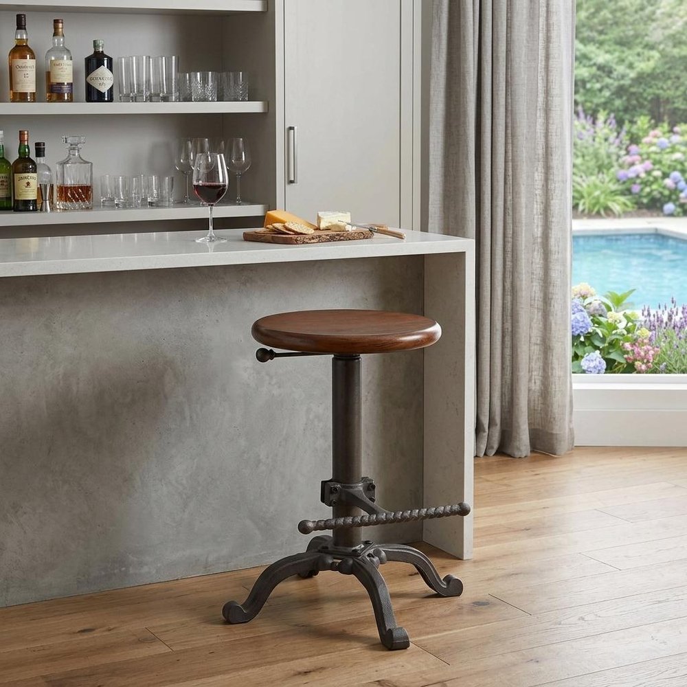 30" Chestnut And Gray Steel Swivel Backless Adjustable Height Bar Chair
