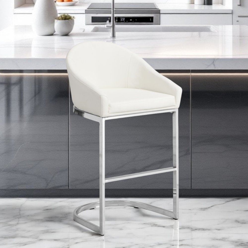 35" White And Silver Faux Leather And Faux Leather And Steel Low Back Bar Height Bar Chair