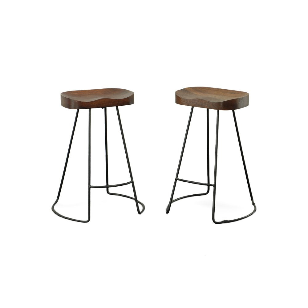 Set of Two 25" Chestnut and Black Solid Wood and Steel Backless Counter Height Bar Chairs