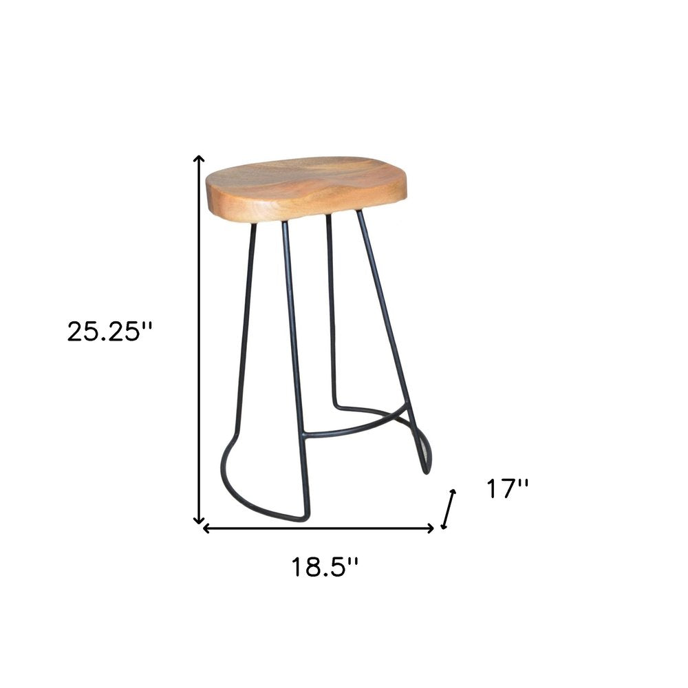 Set of Two 25" Natural and Black Solid Wood and Steel Backless Counter Height Bar Chairs