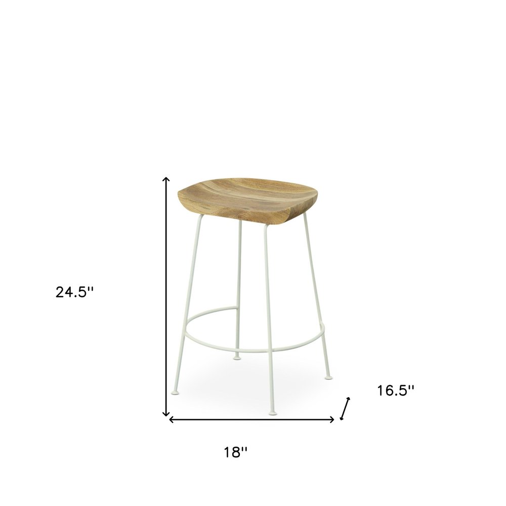 Set of Two 25" Natural And White Solid Wood And Steel Backless Counter Height Bar Chairs