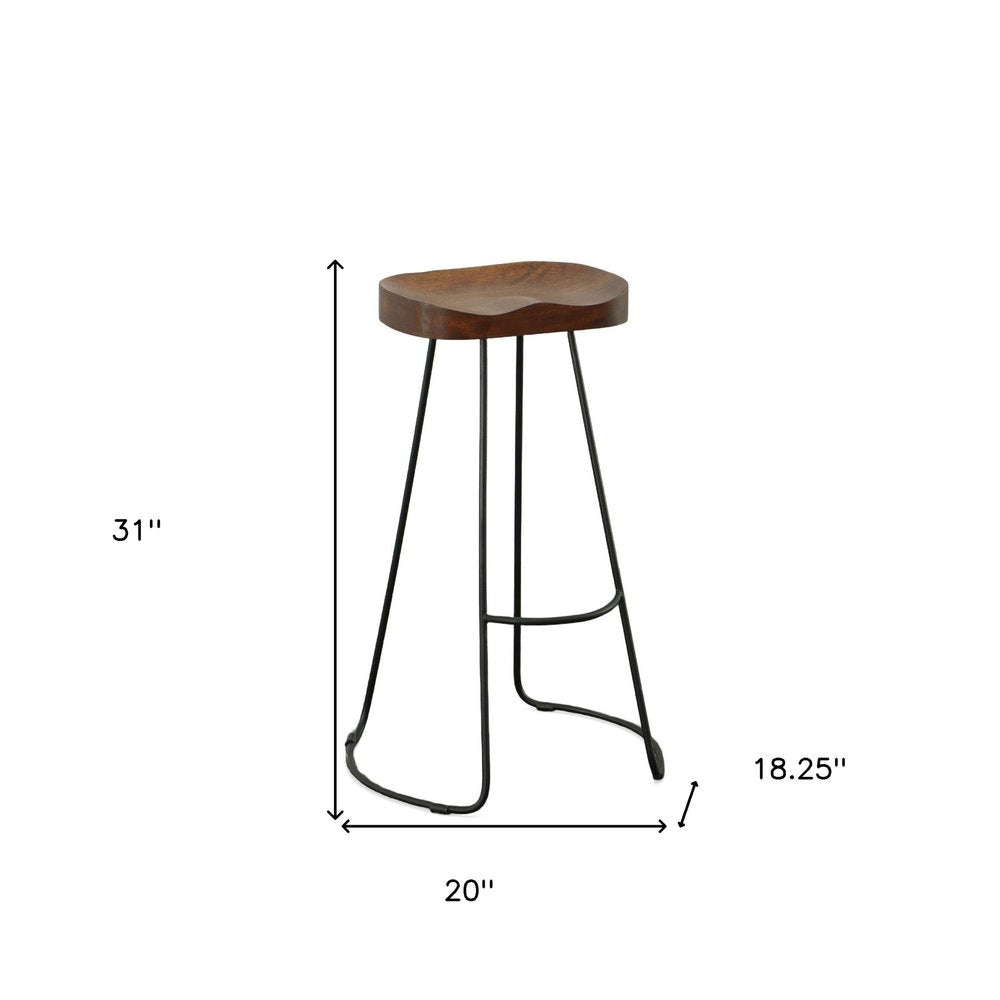 Set of Two 31" Chestnut And Black Solid Wood And Steel Backless Bar Height Bar Chairs
