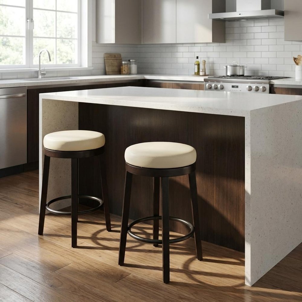Set of Two 24" Cream And Espresso Solid Wood Backless Counter Height Swivel Bar Chairs