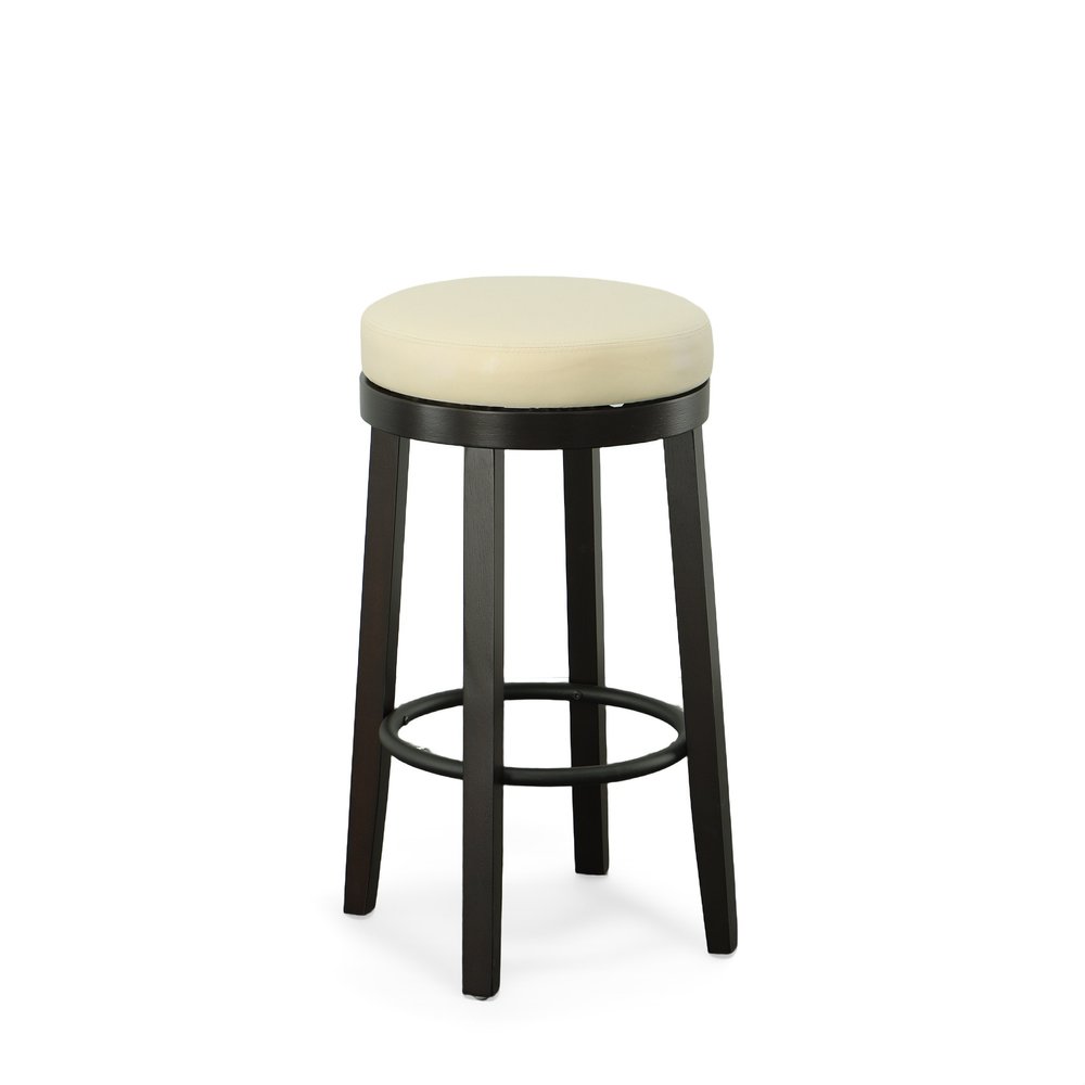 Set of Two 30" Cream And Espresso Faux Leather And Faux Leather And Solid Wood Backless Bar Height Swivel Bar Chairs