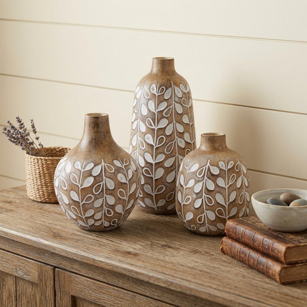 Set of three 9" Polyresin Brown and White Leaf Round Table Vase