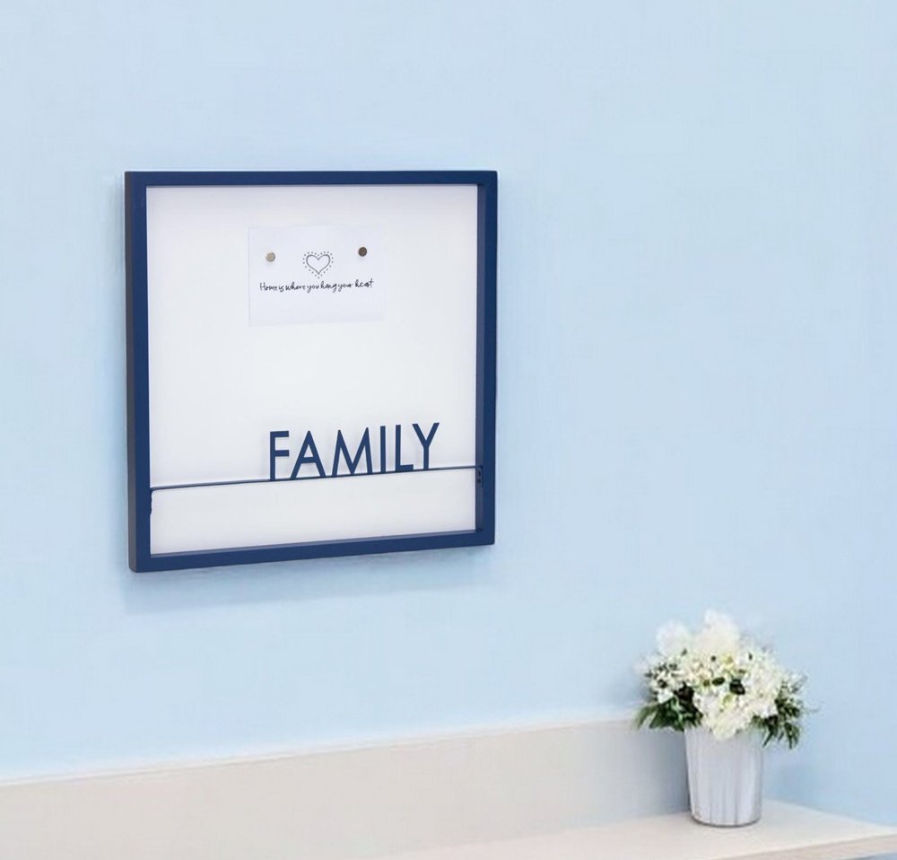 16" X 16" Blue And White Family Wood and Metal Square Magnetic Memo Board