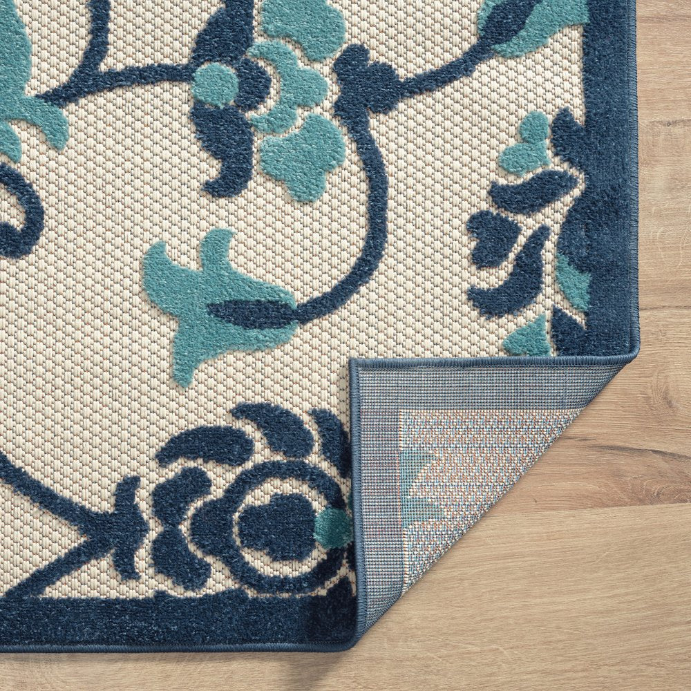 5' X 8' Blue And Orange Floral Non Skid Indoor Outdoor Area Rug