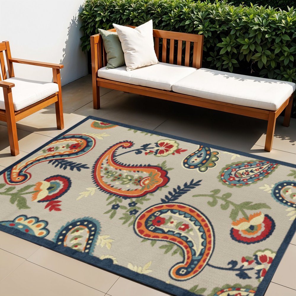 4' X 6' Blue Paisley Non Skid Indoor Outdoor Area Rug