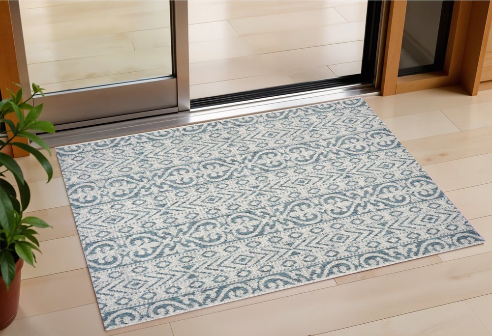 2' X 3' Blue Damask Indoor Outdoor Area Rug