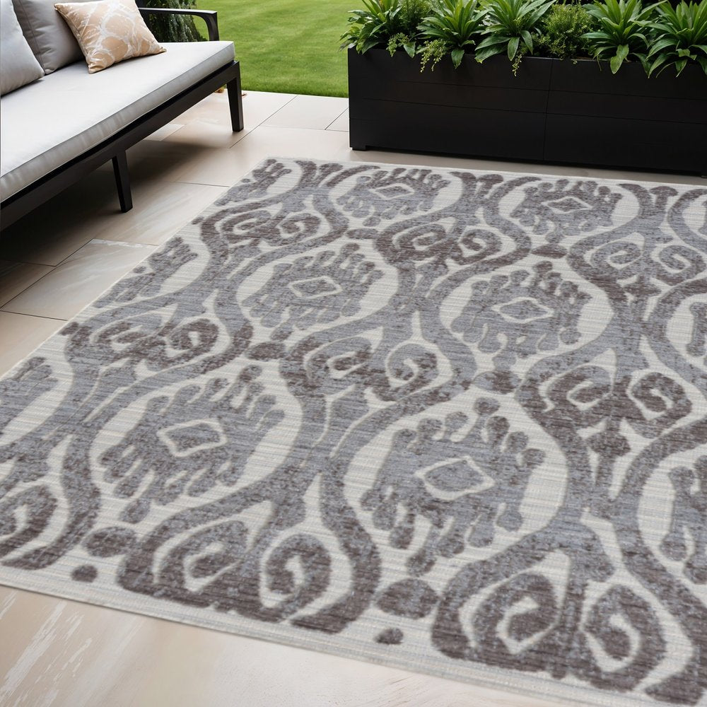5' X 7' Blue And Gray Damask Indoor Outdoor Area Rug