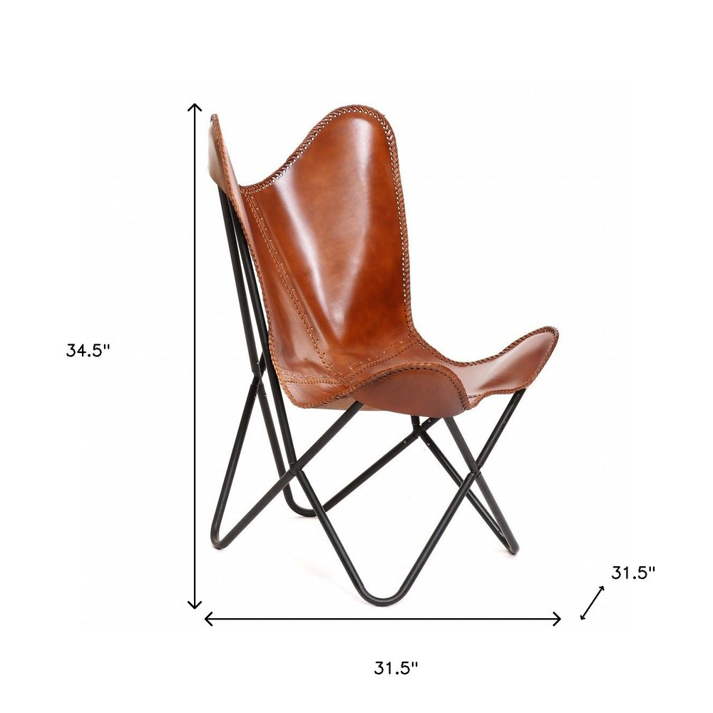 32" Brown and Black Genuine Leather Butterfly Chair