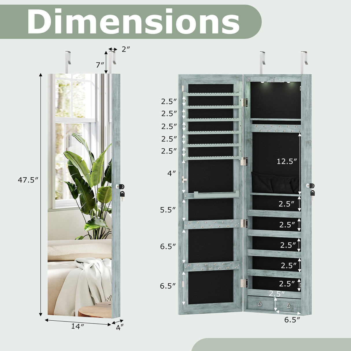Wall and Door Mounted Mirrored Jewelry Cabinet with Lights-Navy